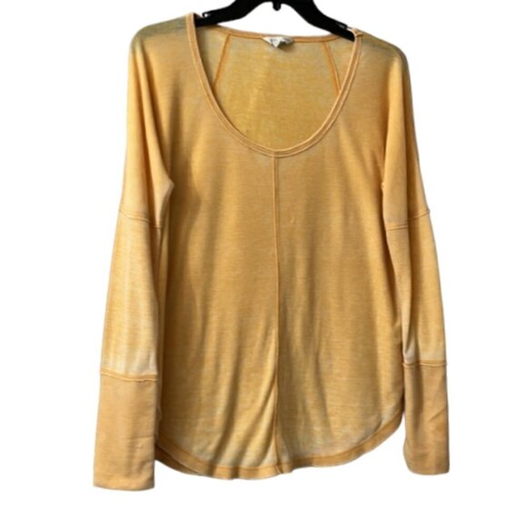 Lucky Brand Burnout Waffle Knit Thermal Tee in Orange Long Sleeve Scoop Neck - Picture 4 of 8